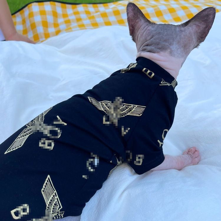 C007-Black T-Shirt for Cats Summer Wear Comfy Shirt for Devon Rex & Sphinx Cats with Gold Print  Design