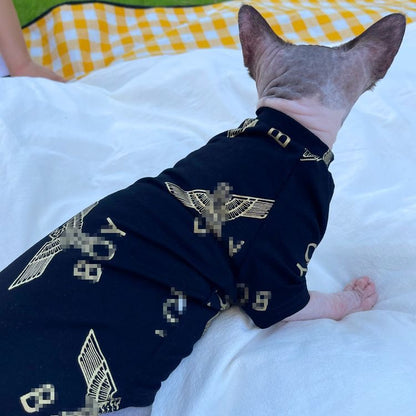 C007-Black T-Shirt for Cats Summer Wear Comfy Shirt for Devon Rex & Sphinx Cats with Gold Print  Design