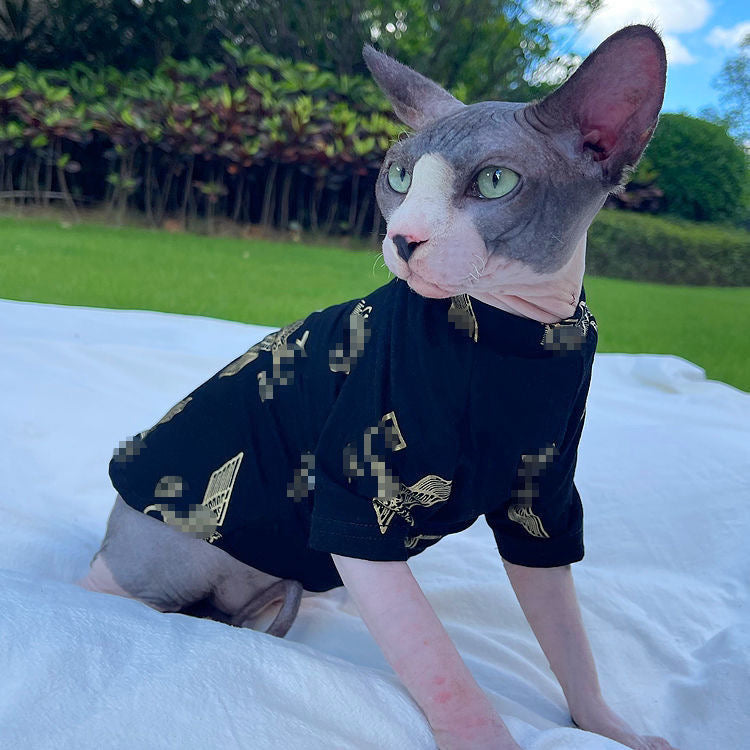 C007-Black T-Shirt for Cats Summer Wear Comfy Shirt for Devon Rex & Sphinx Cats with Gold Print  Design