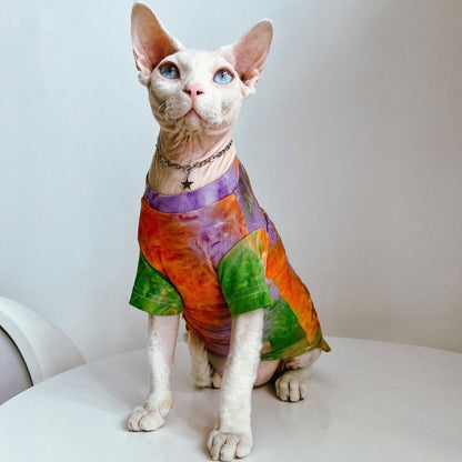 C008-Colorful Tie Dye Shirt for Cats Summer Wear Breathable Cat Apparel Pink & Orange Design