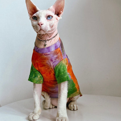 C008-Colorful Tie Dye Shirt for Cats Summer Wear Breathable Cat Apparel Pink & Orange Design