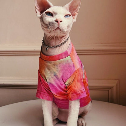 C008-Colorful Tie Dye Shirt for Cats Summer Wear Breathable Cat Apparel Pink & Orange Design
