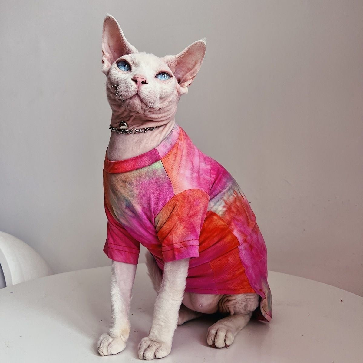 C008-Colorful Tie Dye Shirt for Cats Summer Wear Breathable Cat Apparel Pink & Orange Design