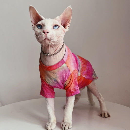 C008-Colorful Tie Dye Shirt for Cats Summer Wear Breathable Cat Apparel Pink & Orange Design