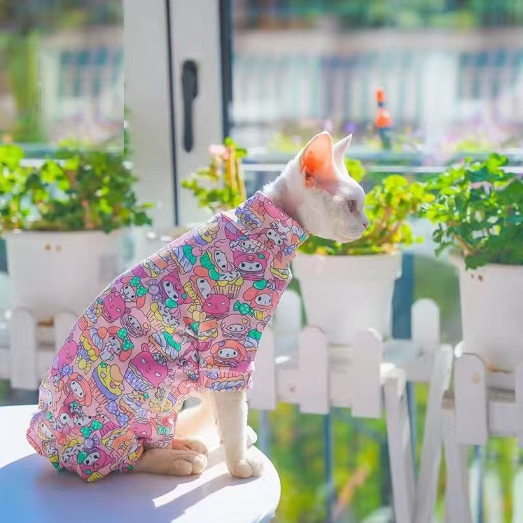 C009-Colorful Cartoon Print Summer Onesie Four-Legged Shirt for Cats - Breathable Design for Devon Rex & Sphinx Cats - Fun & Comfortable Wear