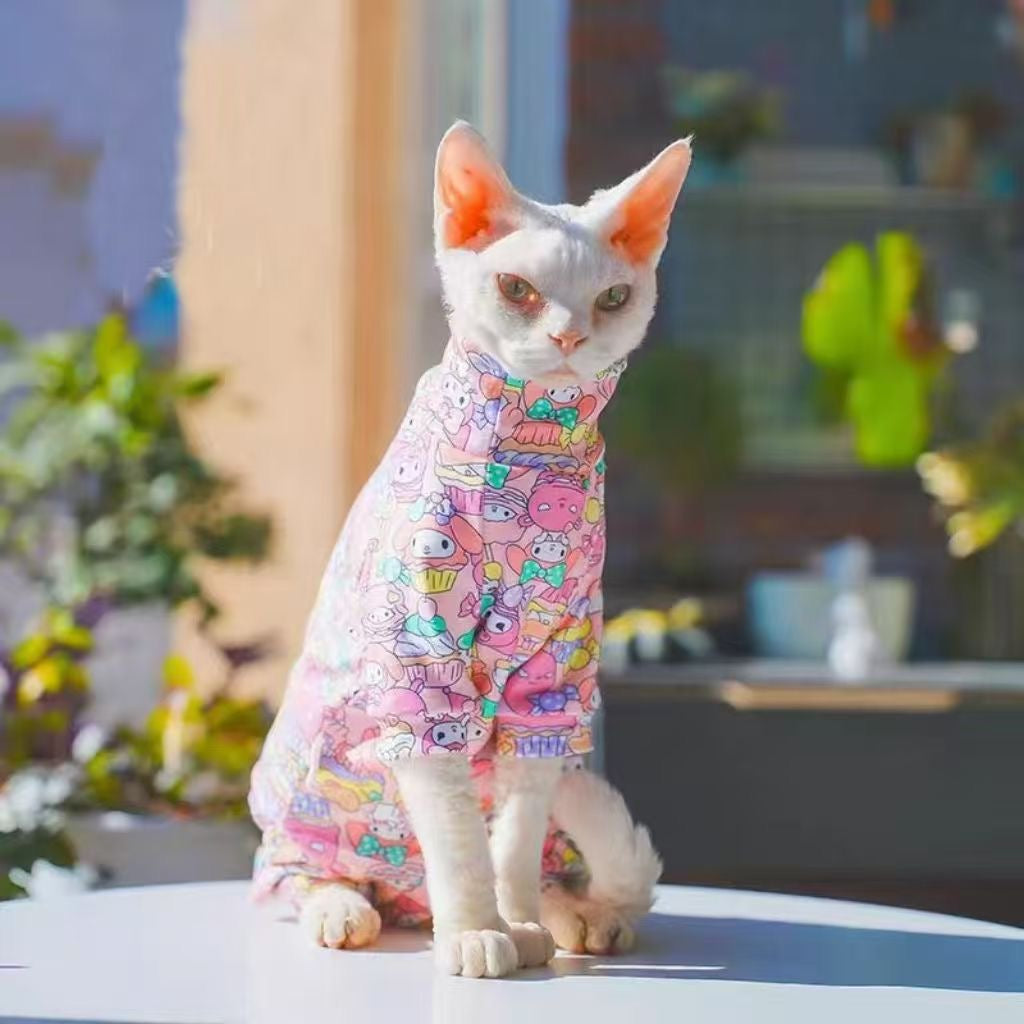 C009-Colorful Cartoon Print Summer Onesie Four-Legged Shirt for Cats - Breathable Design for Devon Rex & Sphinx Cats - Fun & Comfortable Wear