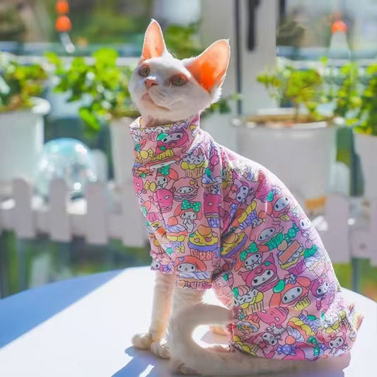 C009-Colorful Cartoon Print Summer Onesie Four-Legged Shirt for Cats - Breathable Design for Devon Rex & Sphinx Cats - Fun & Comfortable Wear