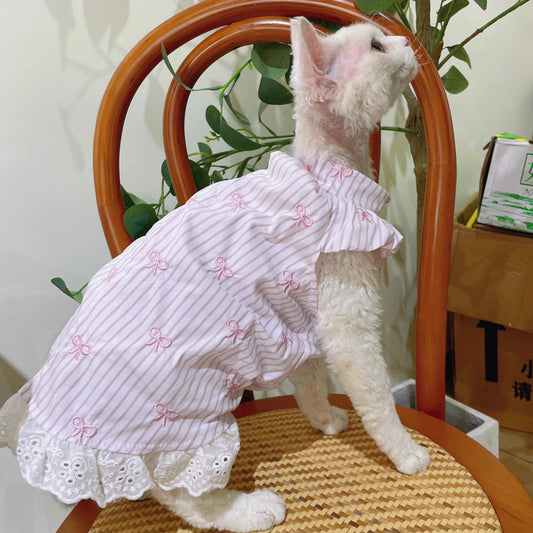 C010-Cute Pink Stripe Shirt with Pink Bow Embroidery for Cat Devon Rex & Sphinx Cats Adorable Pet Apparel