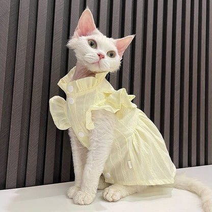 C011-Soft Yellow Cat Shirt with Ruffle Design - Comfortable Stylish Fit for Your Feline Friend