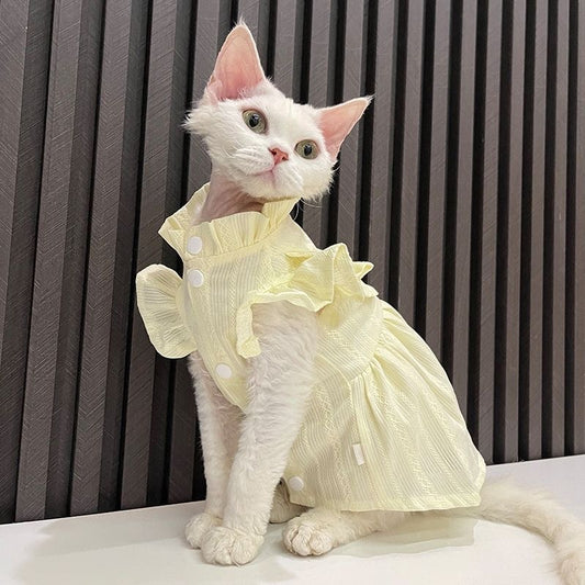 C011-Soft Yellow Cat Shirt with Ruffle Design - Comfortable Stylish Fit for Your Feline Friend