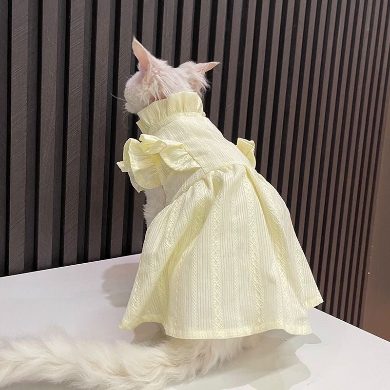 C011-Soft Yellow Cat Shirt with Ruffle Design - Comfortable Stylish Fit for Your Feline Friend
