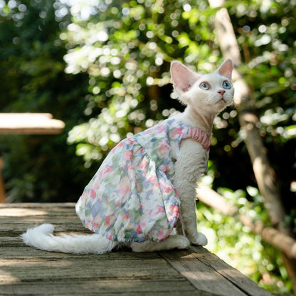 C012-Floral Pumpkin Dress for Cats Summer Breathable Wear for Devon Rex Sphinx Cat with Adorable Floral Pattern