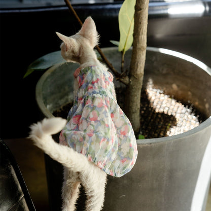 C012-Floral Pumpkin Dress for Cats Summer Breathable Wear for Devon Rex Sphinx Cat with Adorable Floral Pattern