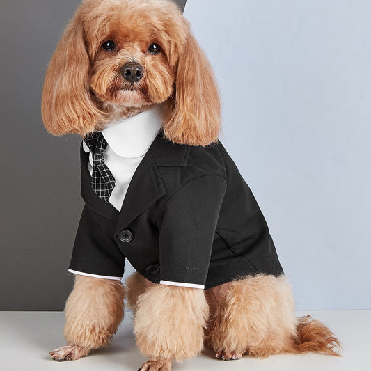 M002-Faux Two-Piece Blazer Tux for Small Dog Male Wedding Tuxedo for Poodle Bichon Stylish Black Formal Suit with White Collar