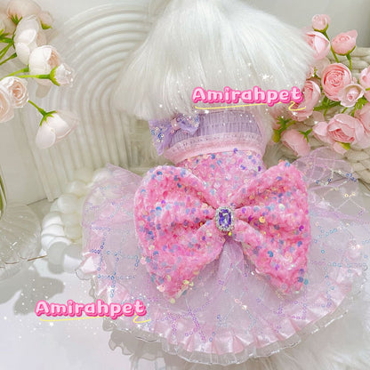 F022-Pink Sequin Dress for Small Female Dogs Summer Breathable Outfit with Elastic Chest for Bichon Maltese Poodle Toy Breeds