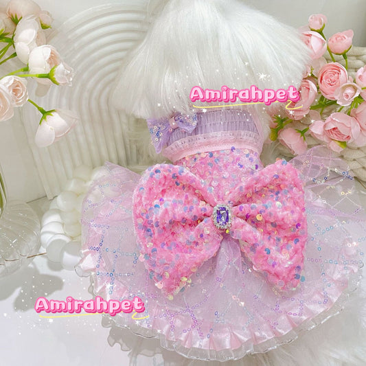 F022-Pink Sequin Dress for Small Female Dogs Summer Breathable Outfit with Elastic Chest for Bichon Maltese Poodle Toy Breeds