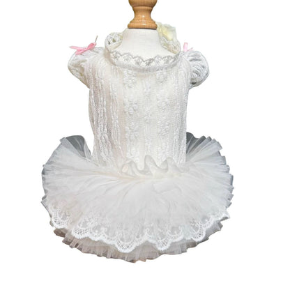 F020-White Lace Lolita Style Dog Dress with Puff Sleeves Tutu Design Summer Breathable Pet Outfit for Small Dogs