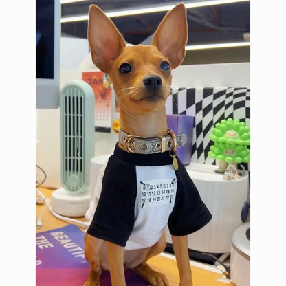M008-White T-Shirt with Black Sleeve Numbers Pattern on Chest for Boy Dog Summer Wear Fashionable Pet Clothing
