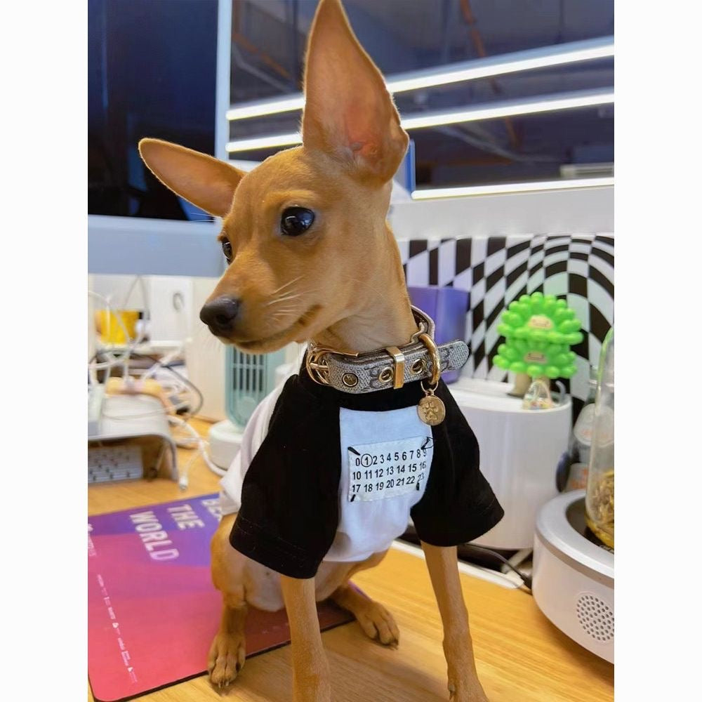 M008-White T-Shirt with Black Sleeve Numbers Pattern on Chest for Boy Dog Summer Wear Fashionable Pet Clothing