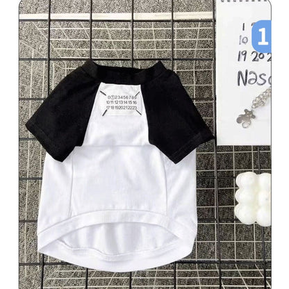 M008-White T-Shirt with Black Sleeve Numbers Pattern on Chest for Boy Dog Summer Wear Fashionable Pet Clothing