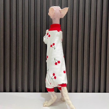 C013-Cherry Print Romper for Cat Fourlegged Shirt for Cats Comfy Wear Pajama Red and White Design Comfortable Wear for Your Feline Friend