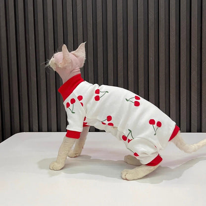 C013-Cherry Print Romper for Cat Fourlegged Shirt for Cats Comfy Wear Pajama Red and White Design Comfortable Wear for Your Feline Friend