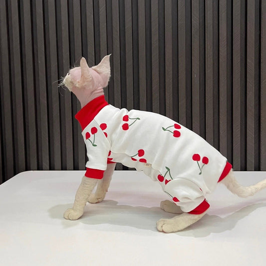 C013-Cherry Print Romper for Cat Fourlegged Shirt for Cats Comfy Wear Pajama Red and White Design Comfortable Wear for Your Feline Friend