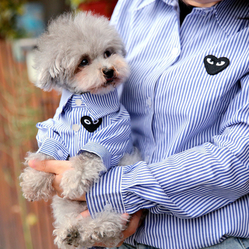 M011-Blue Striped Class Pattern T Shirt for Dogs and Cats Summer Wear for Boy Dog with Fun Black Patch Design