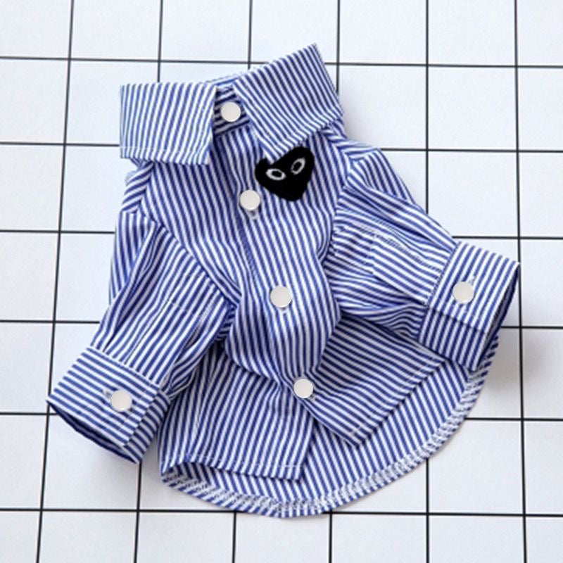 M011-Blue Striped Class Pattern T Shirt for Dogs and Cats Summer Wear for Boy Dog with Fun Black Patch Design