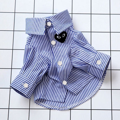 M011-Blue Striped Class Pattern T Shirt for Dogs and Cats Summer Wear for Boy Dog with Fun Black Patch Design