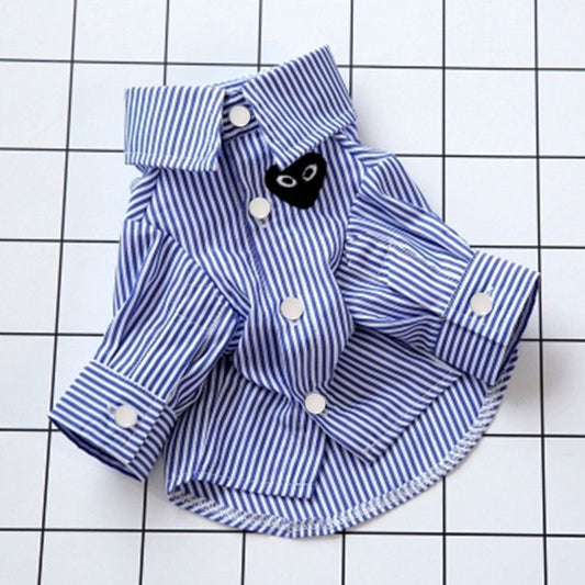 M011-Blue Striped Class Pattern T Shirt for Dogs and Cats Summer Wear for Boy Dog with Fun Black Patch Design