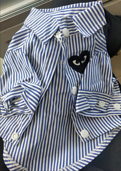M011-Blue Striped Class Pattern T Shirt for Dogs and Cats Summer Wear for Boy Dog with Fun Black Patch Design
