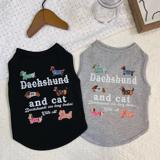 M013-Dachshund Print Summer Shirt for Dogs Breathable Wear for Small Dog Black & Gray Options with Adorable Dachshund Cat Design