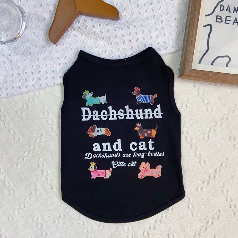 M013-Dachshund Print Summer Shirt for Dogs Breathable Wear for Small Dog Black & Gray Options with Adorable Dachshund Cat Design