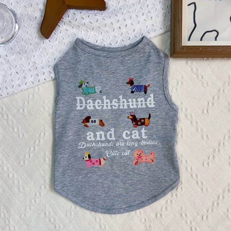 M013-Dachshund Print Summer Shirt for Dogs Breathable Wear for Small Dog Black & Gray Options with Adorable Dachshund Cat Design
