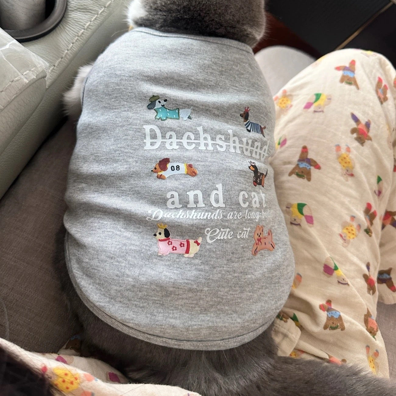 M013-Dachshund Print Summer Shirt for Dogs Breathable Wear for Small Dog Black & Gray Options with Adorable Dachshund Cat Design