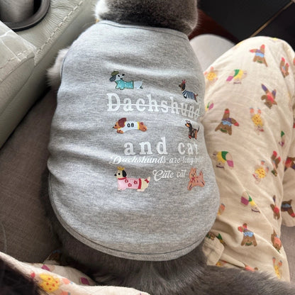 M013-Dachshund Print Summer Shirt for Dogs Breathable Wear for Small Dog Black & Gray Options with Adorable Dachshund Cat Design