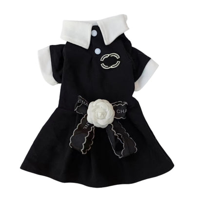 FF002-Classic CC Style Couple Wear for Dogs - Black & White Dog Shirt for Boy and Dress for Girl with Elegant Bow and Flower Detail