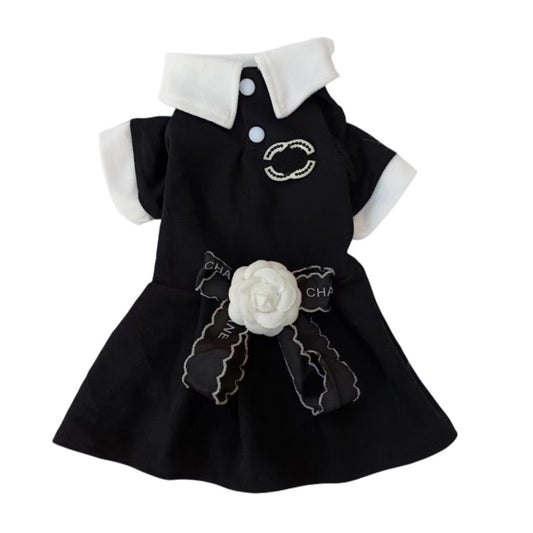 FF002-Classic CC Style Couple Wear for Dogs - Black & White Dog Shirt for Boy and Dress for Girl with Elegant Bow and Flower Detail