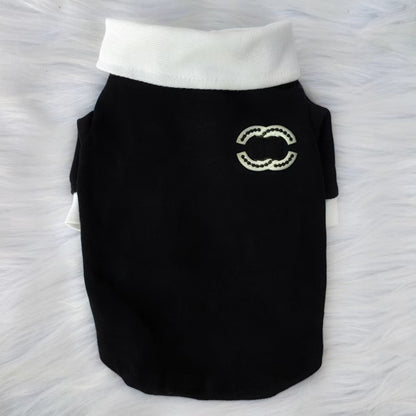 FF002-Classic CC Style Couple Wear for Dogs - Black & White Dog Shirt for Boy and Dress for Girl with Elegant Bow and Flower Detail