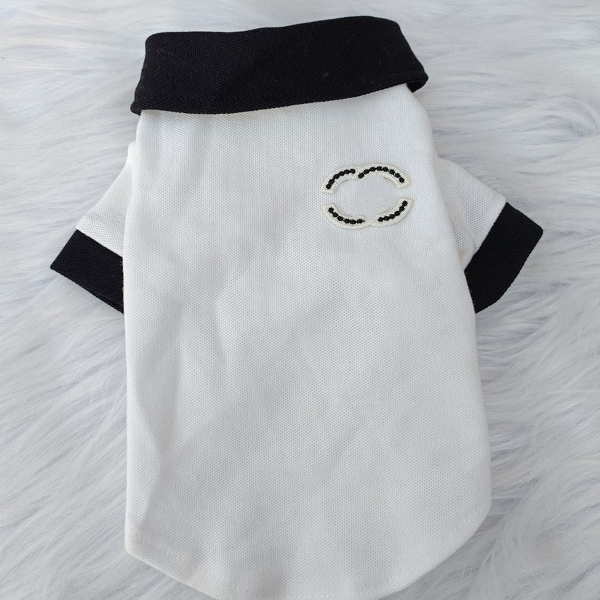 FF002-Classic CC Style Couple Wear for Dogs - Black & White Dog Shirt for Boy and Dress for Girl with Elegant Bow and Flower Detail