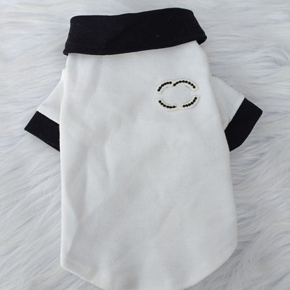 FF002-Classic CC Style Couple Wear for Dogs - Black & White Dog Shirt for Boy and Dress for Girl with Elegant Bow and Flower Detail