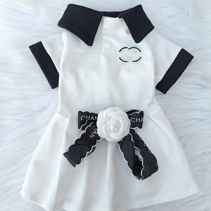 FF002-Classic CC Style Couple Wear for Dogs - Black & White Dog Shirt for Boy and Dress for Girl with Elegant Bow and Flower Detail