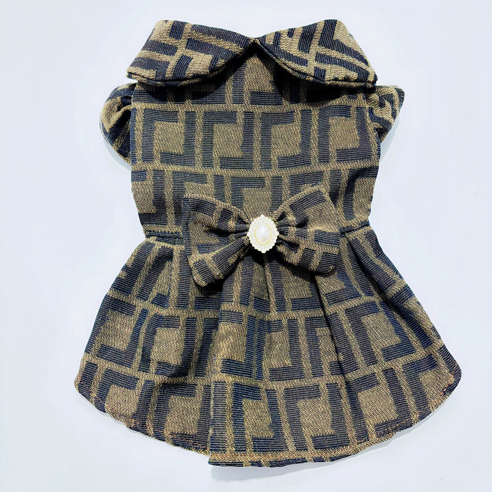Brown Fenfen Shirt for Boy Dog Dress for Girl with Bow Accent and Geometric Pattern Design