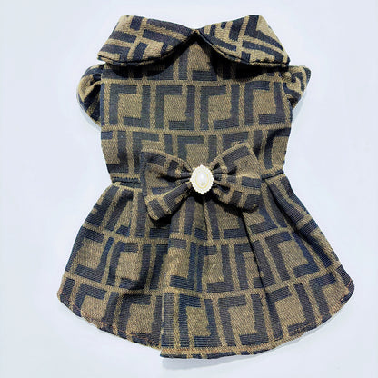 Brown Fenfen Shirt for Boy Dog Dress for Girl with Bow Accent and Geometric Pattern Design