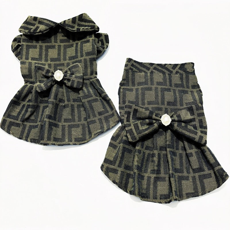 Brown Fenfen Shirt for Boy Dog Dress for Girl with Bow Accent and Geometric Pattern Design