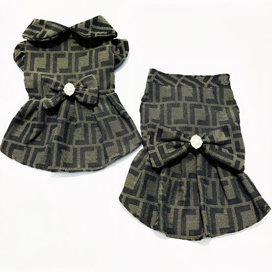Brown Fenfen Shirt for Boy Dog Dress for Girl with Bow Accent and Geometric Pattern Design