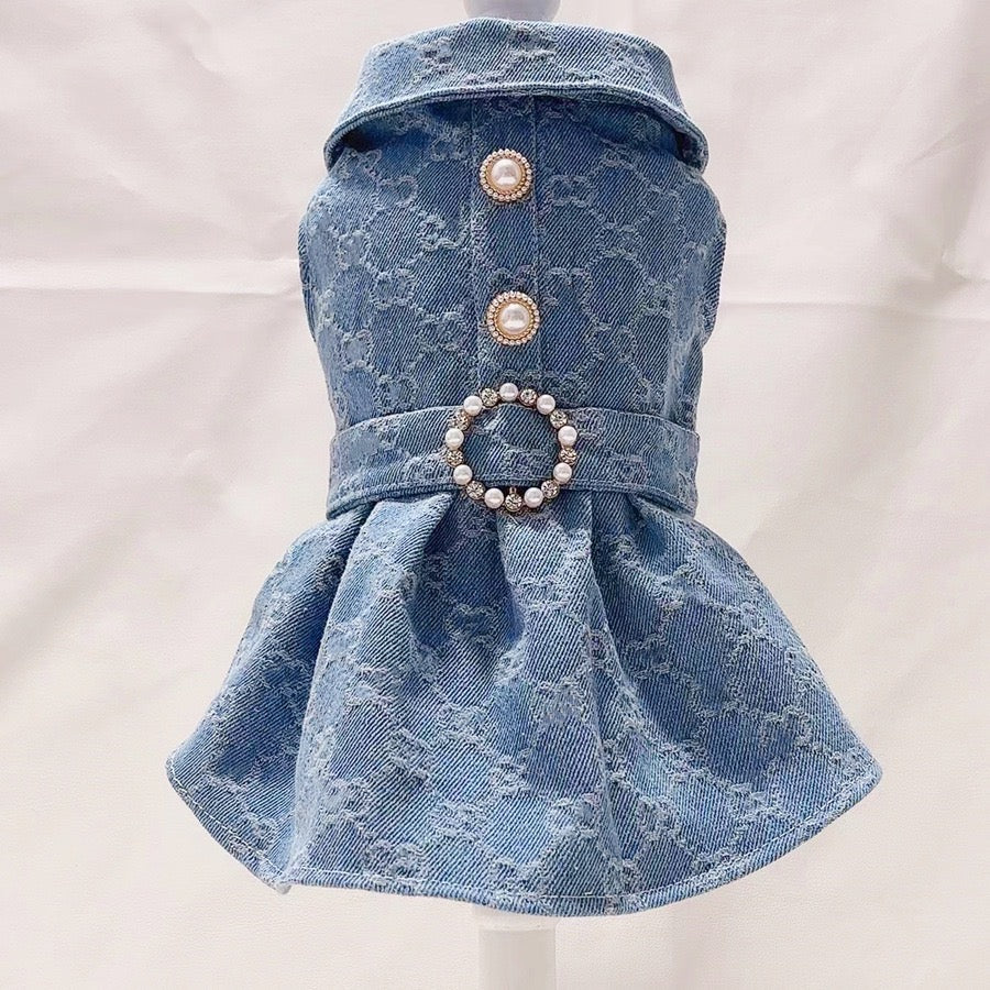 MF004-Denim GG Dress for Girls Summer Wear for Small Dogs Poodle Maltese with Pearl Accents and Bow Detailing