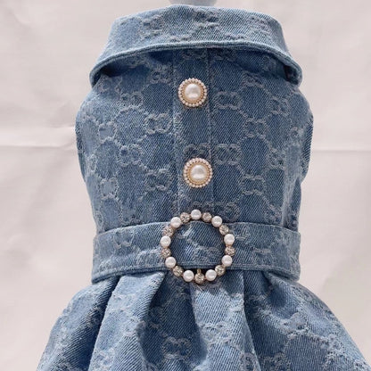 MF004-Denim GG Dress for Girls Summer Wear for Small Dogs Poodle Maltese with Pearl Accents and Bow Detailing