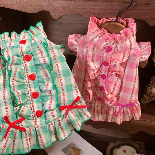 F021-Vintage Style Shirt for Girl Dog Green and Pink Color Option for Summer Autumn with Heart Patterns and Ruffles